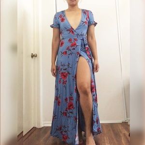 Tie Around Dainty Printed Dress With Slit Maxi